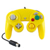 A yellow wired game controller for the Nintendo GameCube console.