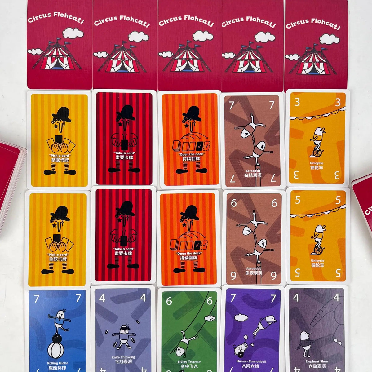 A collection of colorful cards for the Tucano Card Game featuring various illustrations and numbers.