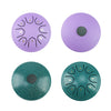 Four views of a portable steel tongue drum in purple and teal colors with mallets.