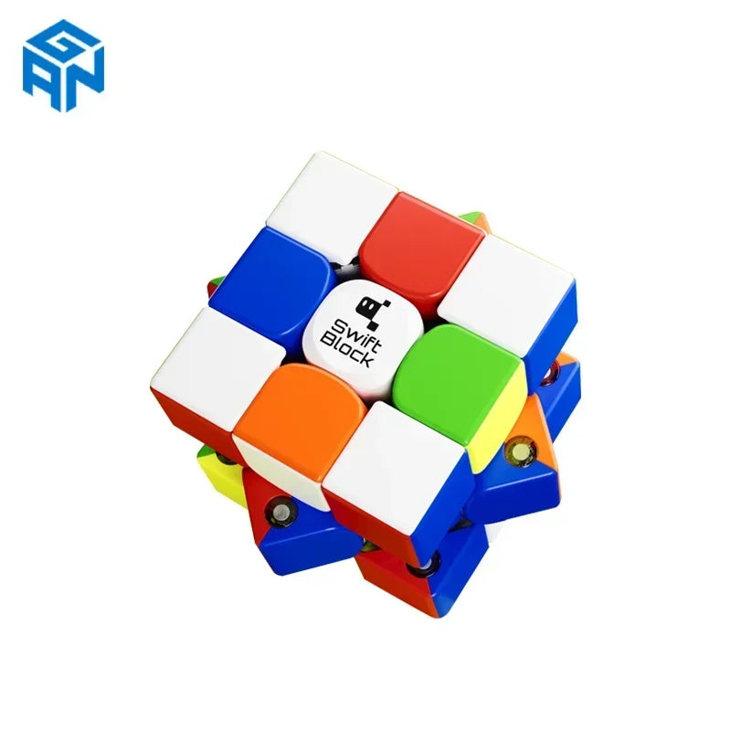 A close-up view of a colorful magnetic 3x3 speed cube puzzle.