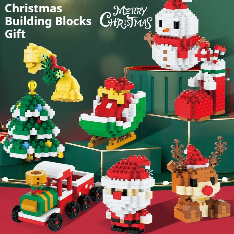 A collection of Christmas building blocks featuring Santa, reindeer, and a white snowman in various scenes.