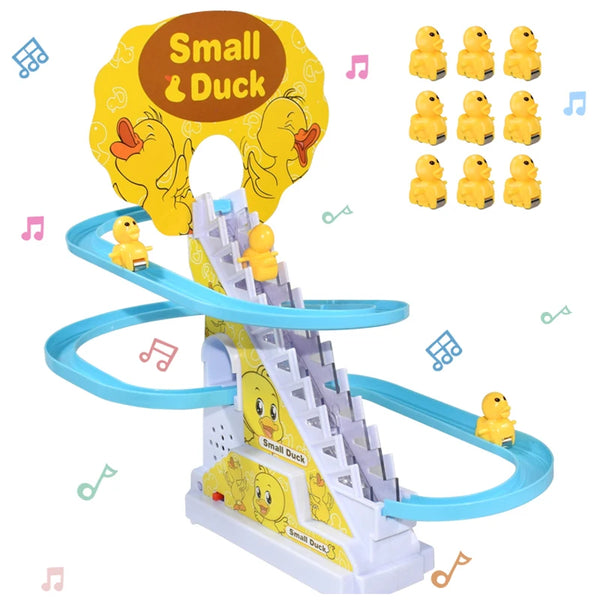 A yellow and blue interactive climbing duck race track with small ducks and a race track structure.