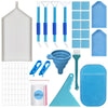 A complete diamond painting toolkit featuring various tools, jars, and a storage case in shades of white and blue.