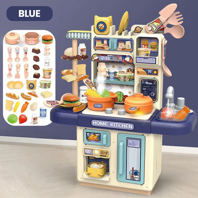 A blue interactive kids pretend play kitchen set with various cooking tools and food items.