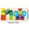 A wooden puzzle featuring a dinosaur and a butterfly, with numbered pieces for an educational grow and change toy.