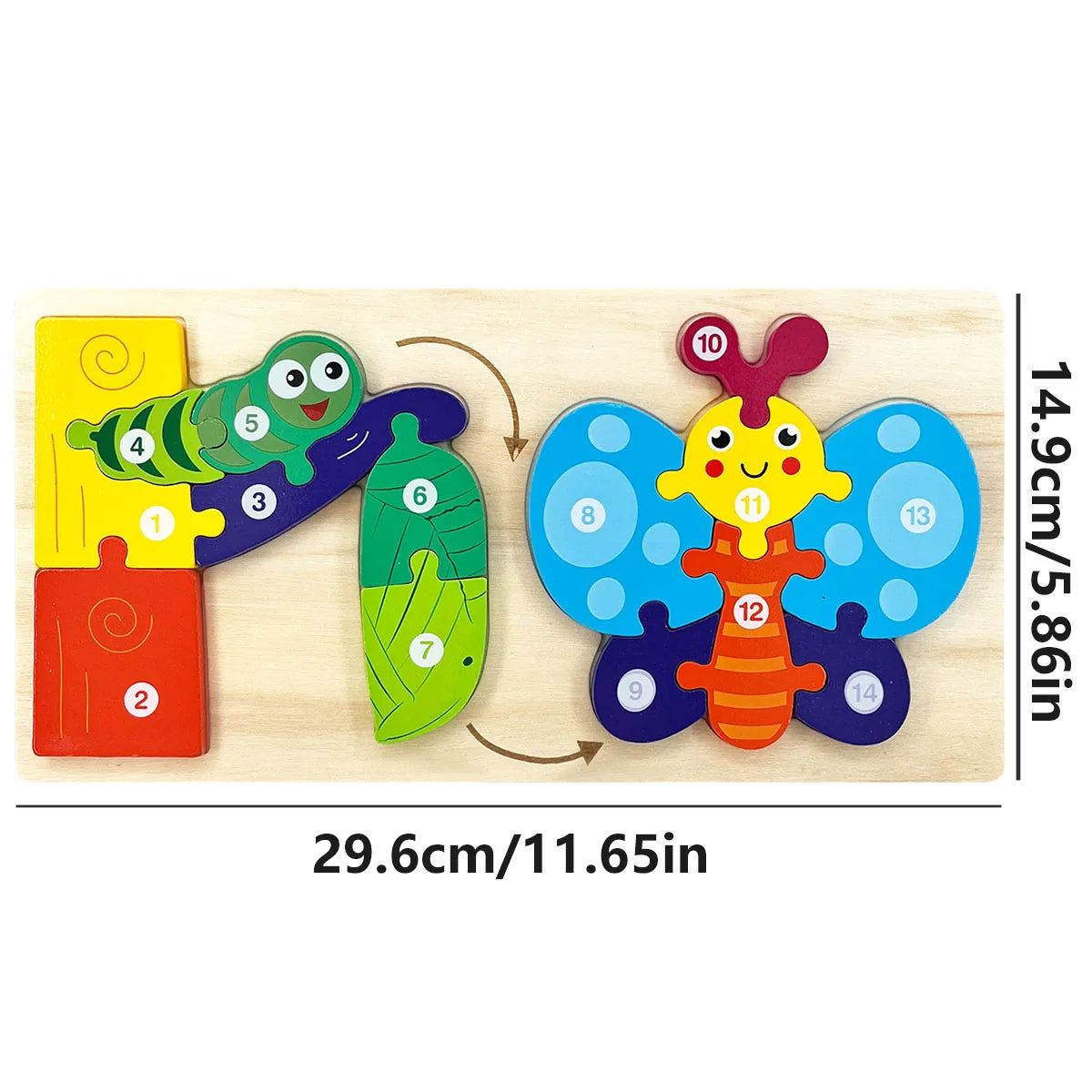 A wooden puzzle featuring a dinosaur and a butterfly, with numbered pieces for an educational grow and change toy.