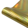 A close-up of a roll of holographic glitter heat transfer vinyl showing iridescent colors and a smooth texture.
