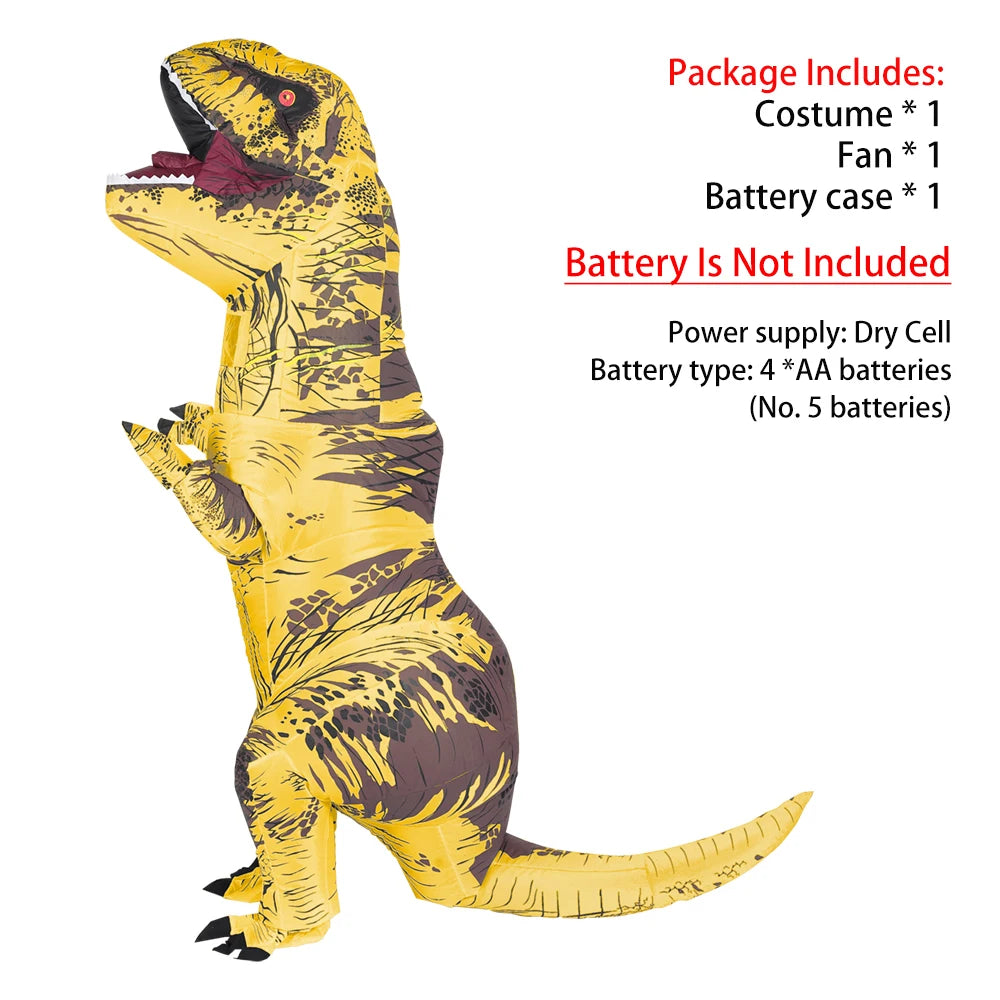 Yellow inflatable T-Rex costume with a large mouth, shown in a standing pose.