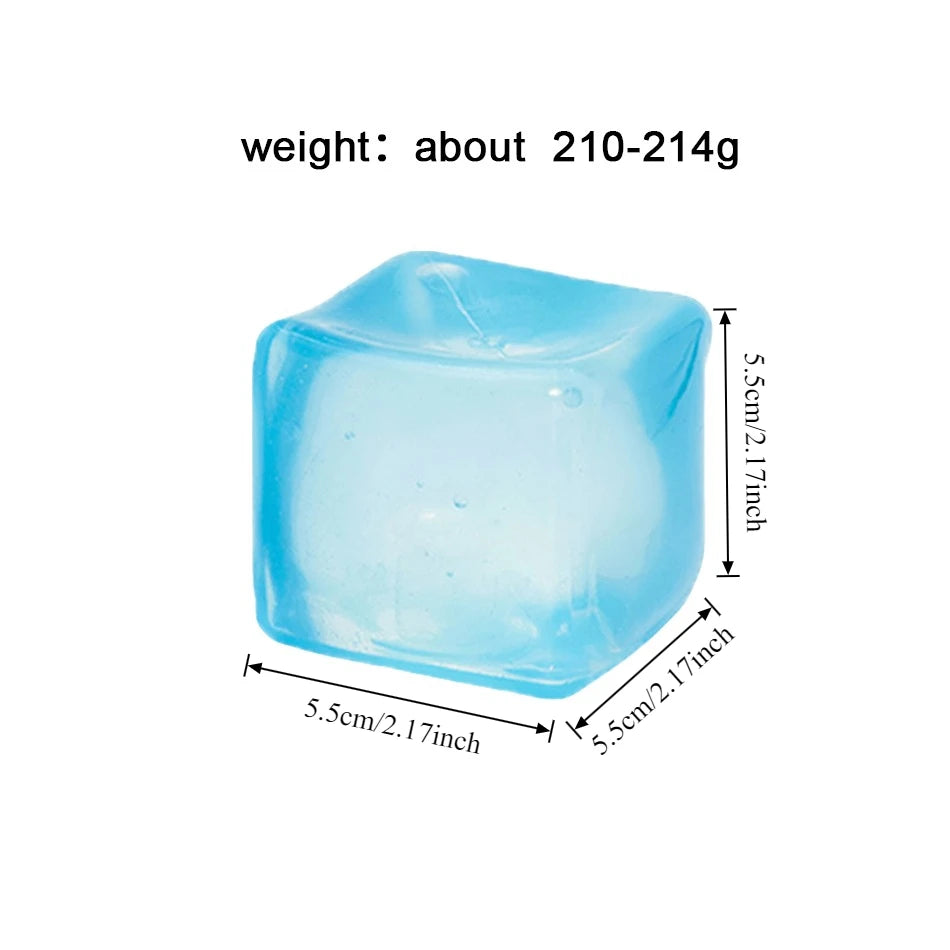 A translucent light blue cube, approximately 5.5cm by 5.5cm, used for sensory fidgeting.