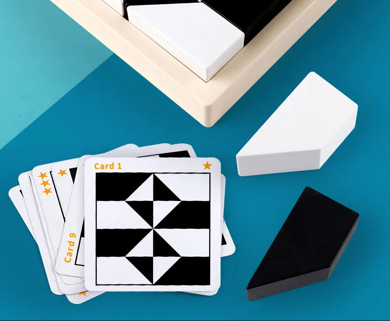 A stack of cards featuring a geometric pattern is placed next to a white block on a light wooden tray.