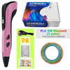 A pink 3D printing pen with a Type-C battery and an open box of PLA filament.