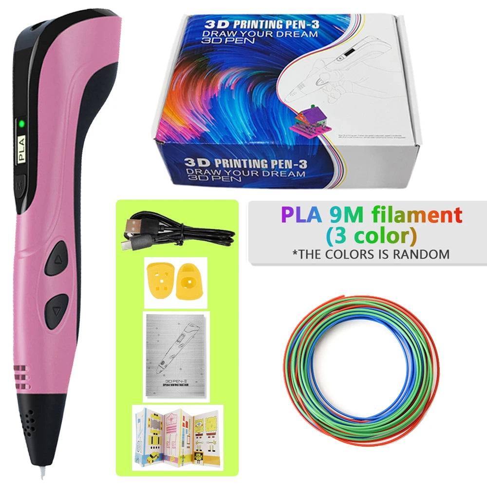 A pink 3D printing pen with a Type-C battery and an open box of PLA filament.