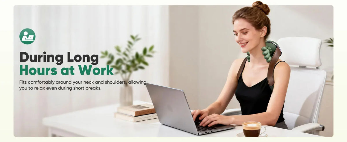 A woman is using a wireless 4D shiatsu neck and shoulder massager while working on a laptop.