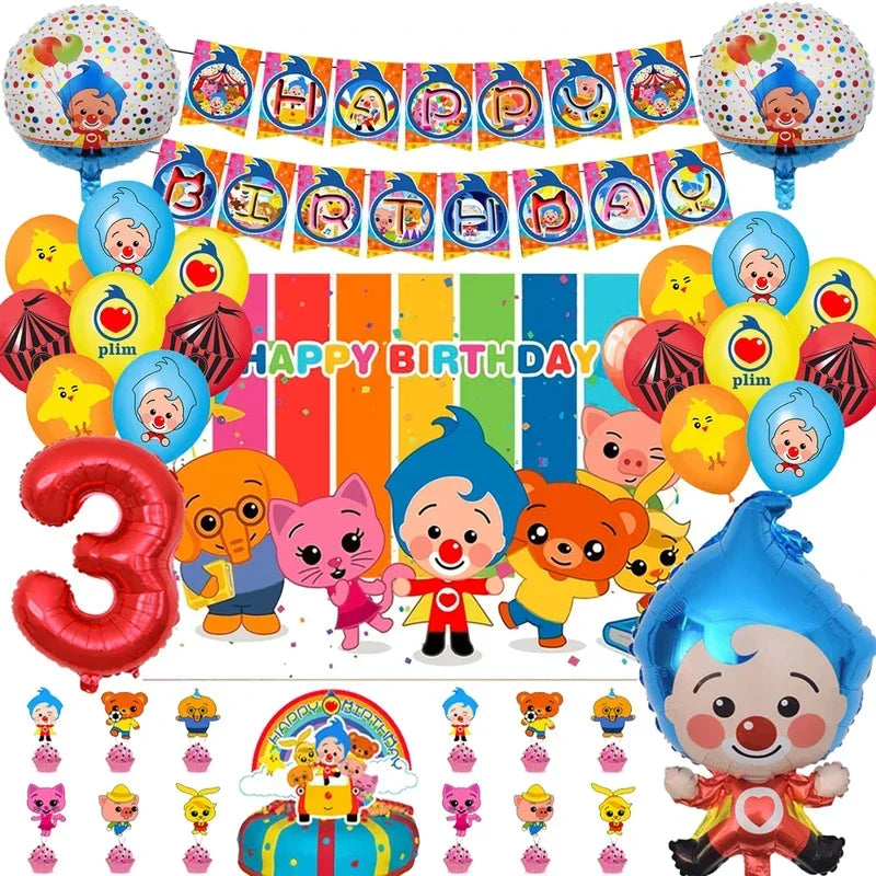 A collection of colorful balloons, banners, and decorations for a circus clown themed kids' birthday party.