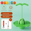 A green frog jump bouncing ball with a handle, showing components like an inflator and needle.