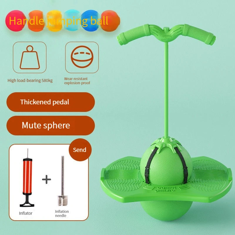 A green frog jump bouncing ball with a handle, showing components like an inflator and needle.