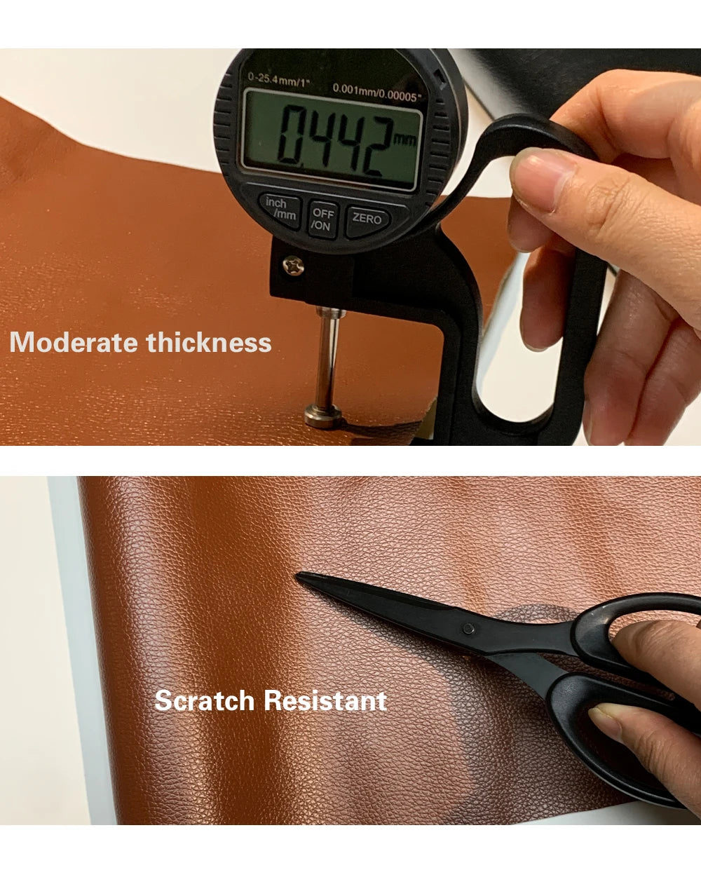 A close-up of a digital thickness gauge measuring moderate thickness on brown PU leather, next to scissors labeled scratch re