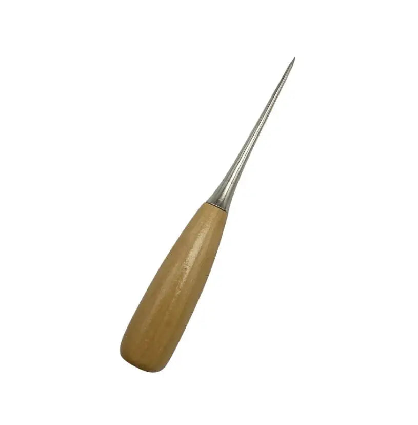 A professional bezel setting pusher tool with a silver point and a wooden handle.
