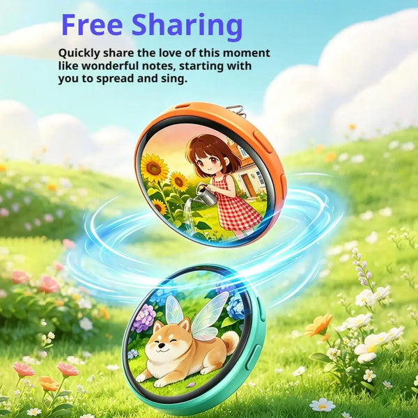 An orange digital pin badge featuring a cute puppy in a grassy field with flowers and clouds.
