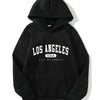 Black pullover hoodie featuring a Los Angeles USA city letter print on the chest.