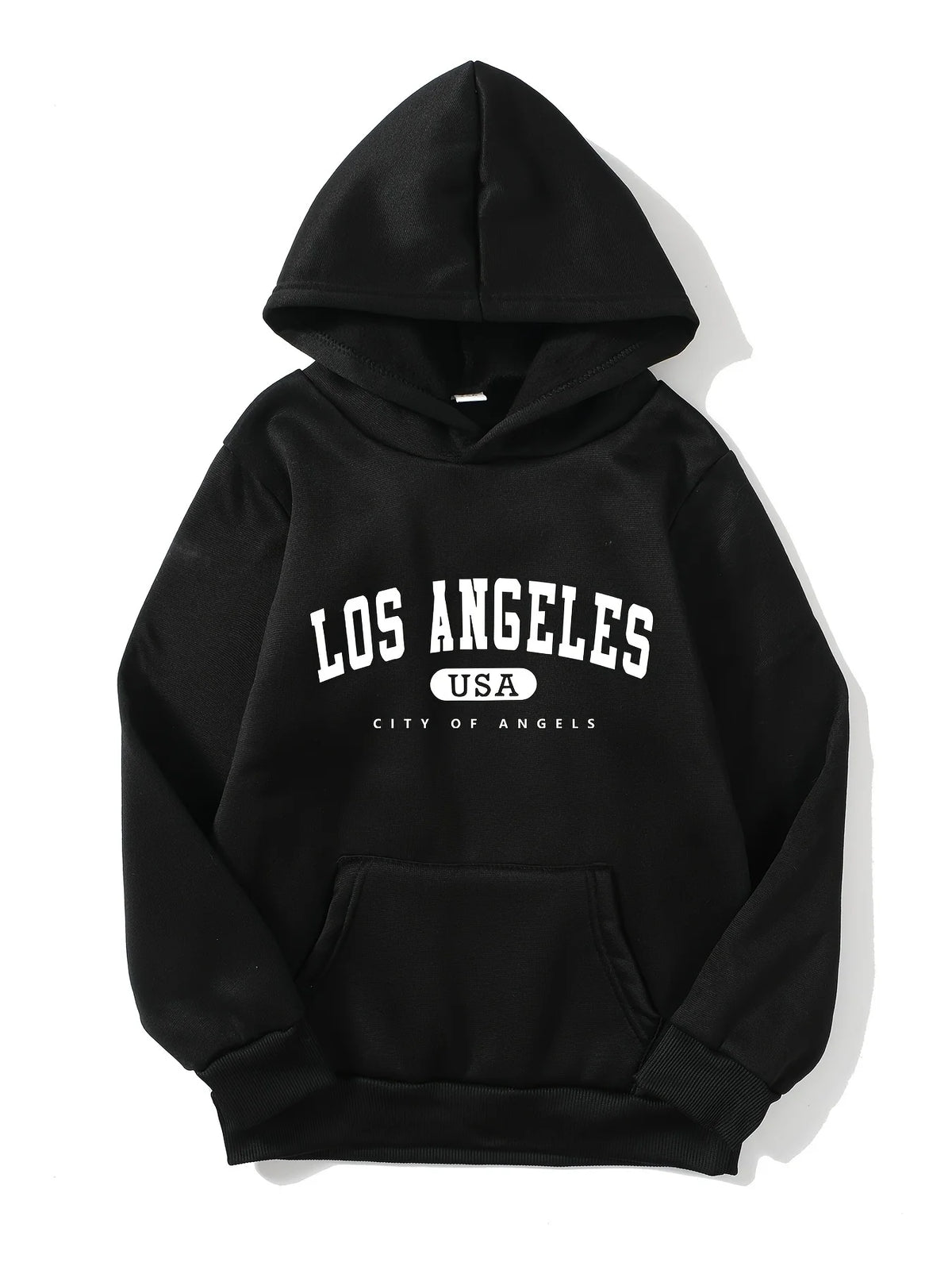 Black pullover hoodie featuring a Los Angeles USA city letter print on the chest.