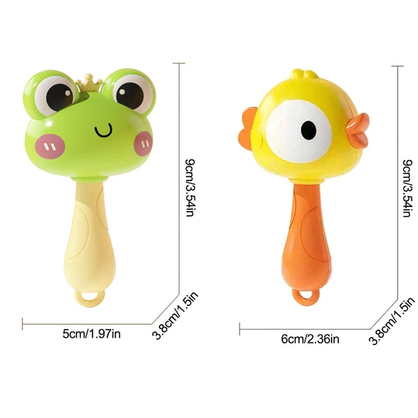 A pair of yellow and green newborn sensory rattle and grasp toys shown with dimensions.
