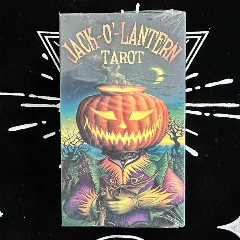 A deck of Jack-O'-Lantern Tarot cards featuring a carved pumpkin and mystical imagery.
