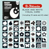 A set of black and white visual cards for baby vision stimulation, featuring various shapes and objects.