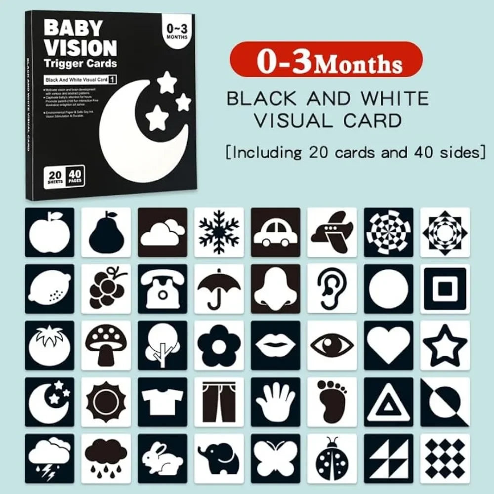 A set of black and white visual cards for baby vision stimulation, featuring various shapes and objects.
