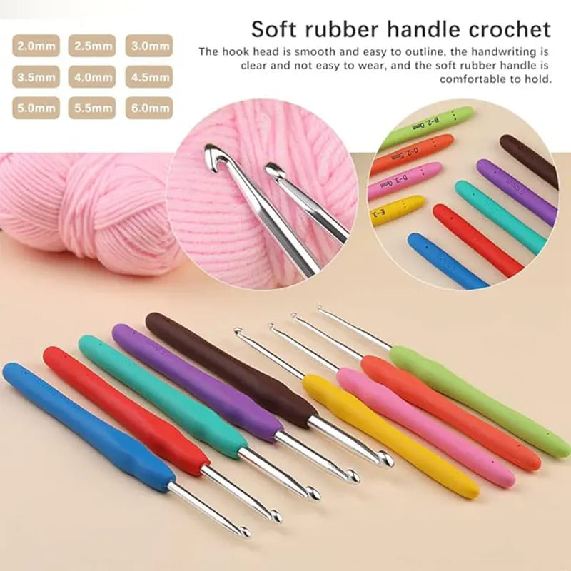 A collection of soft rubber crochet hooks in various colors and sizes laid out for crafting.