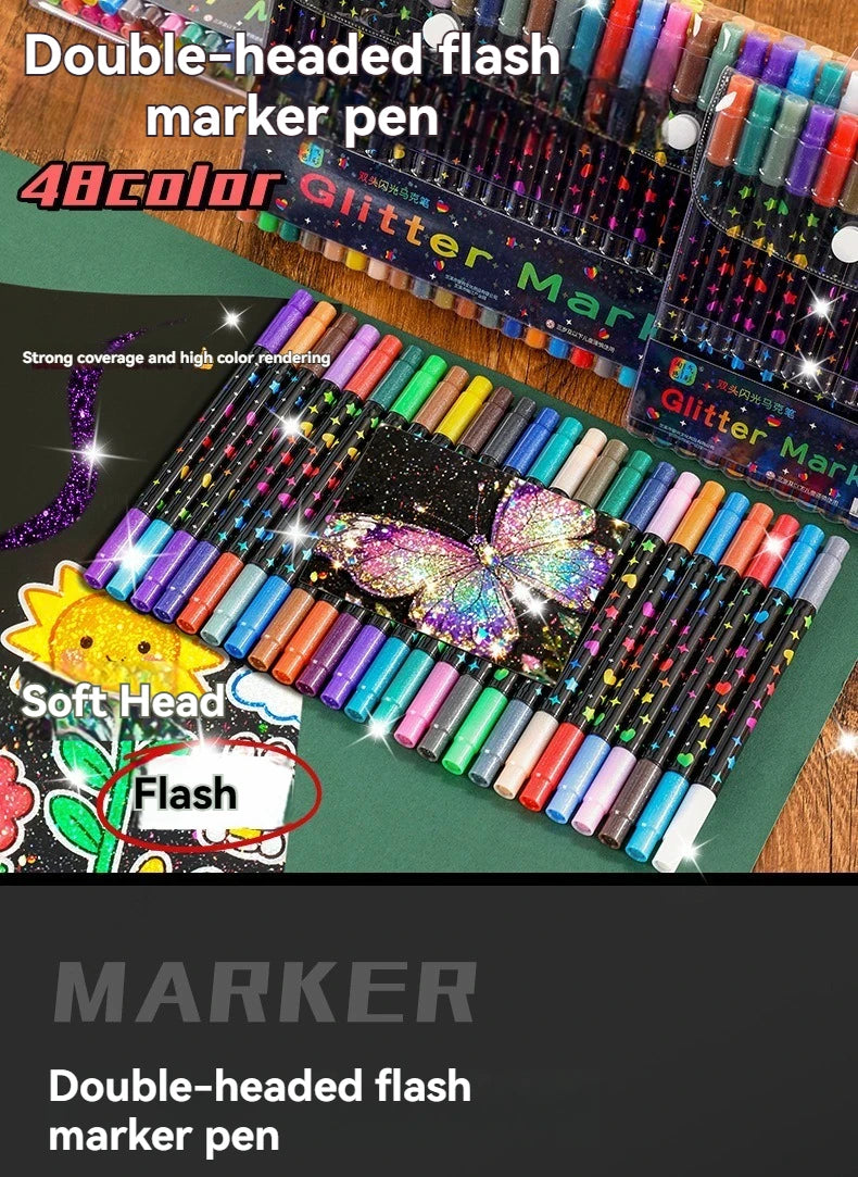 A close-up of a set of double-headed flash markers featuring various colors and metallic glitter finishes.