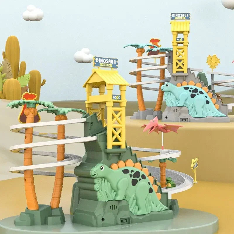 A dinosaur race track set featuring climbing stairs, various dinosaurs, and a yellow wooden structure.