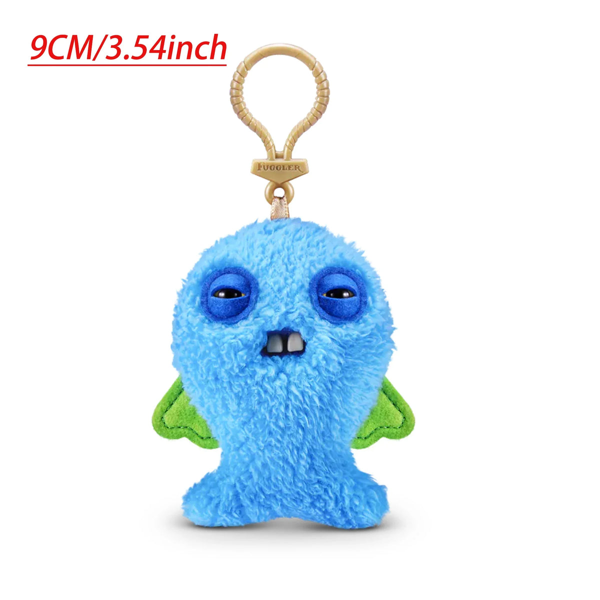 A bright blue fluffy plush monster with green wings attached to a gold-colored keychain.