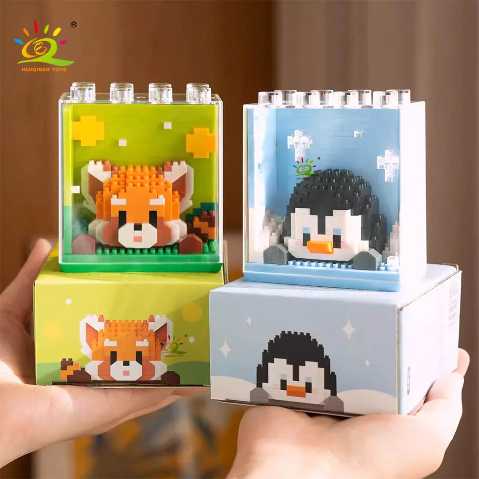 A set of adorable panda micro building blocks displayed in their original packaging.