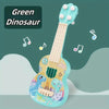 A light blue ukulele toy with a green dinosaur theme and musical notes, featuring a wooden neck and body.