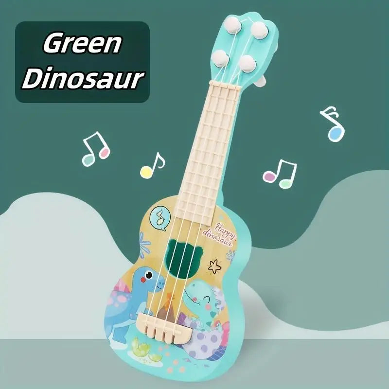 A light blue ukulele toy with a green dinosaur theme and musical notes, featuring a wooden neck and body.