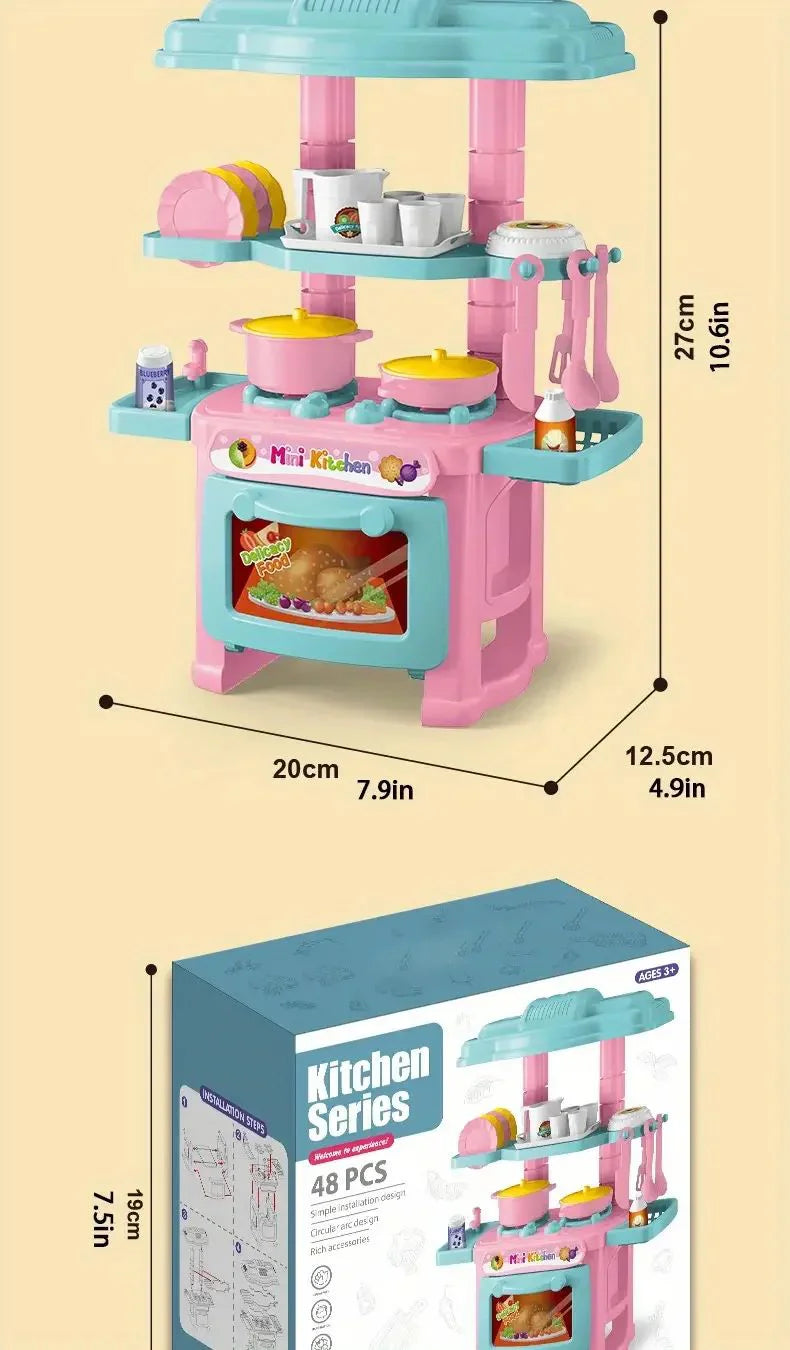 A pink mini pretend play kitchen set with cooking accessories and storage trays.