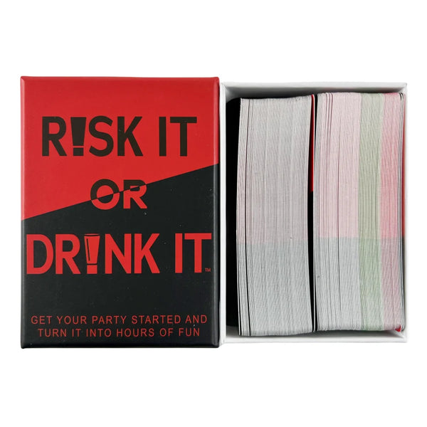 Box of a drinking game titled Risk It or Drink It with several cards inside