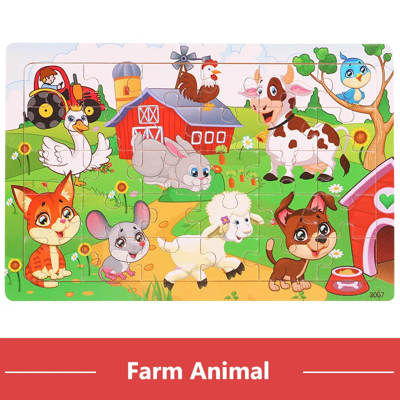 A wooden farm animal and vehicle tangram puzzle set featuring various animals like a rooster, cow, rabbit, and fox.
