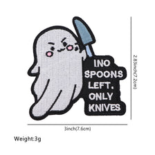 A white ghost character holding a knife, with text on the knife handle that reads INO SPOONS LEFT ONLY KNIVES.