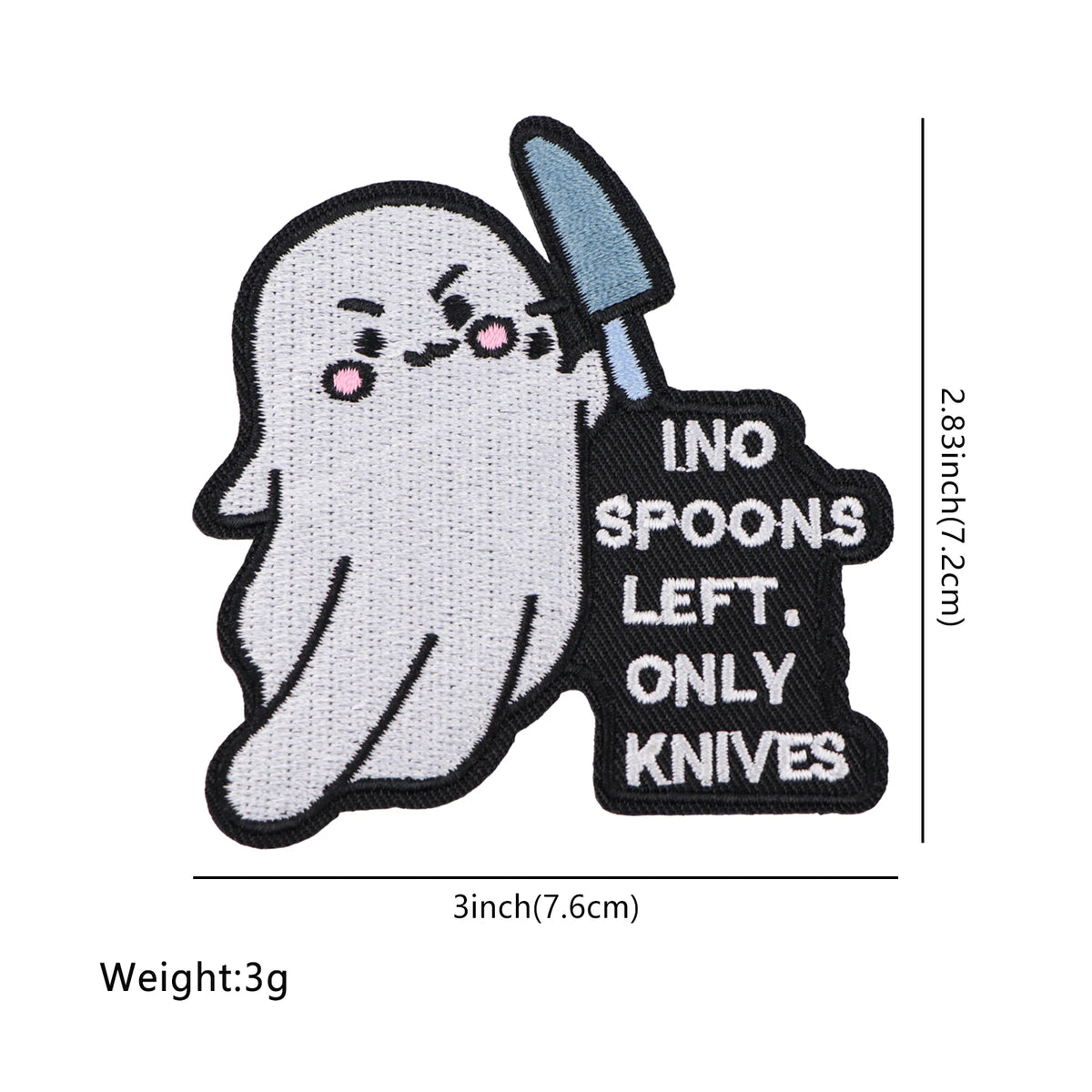 A white ghost character holding a knife, with text on the knife handle that reads INO SPOONS LEFT ONLY KNIVES.