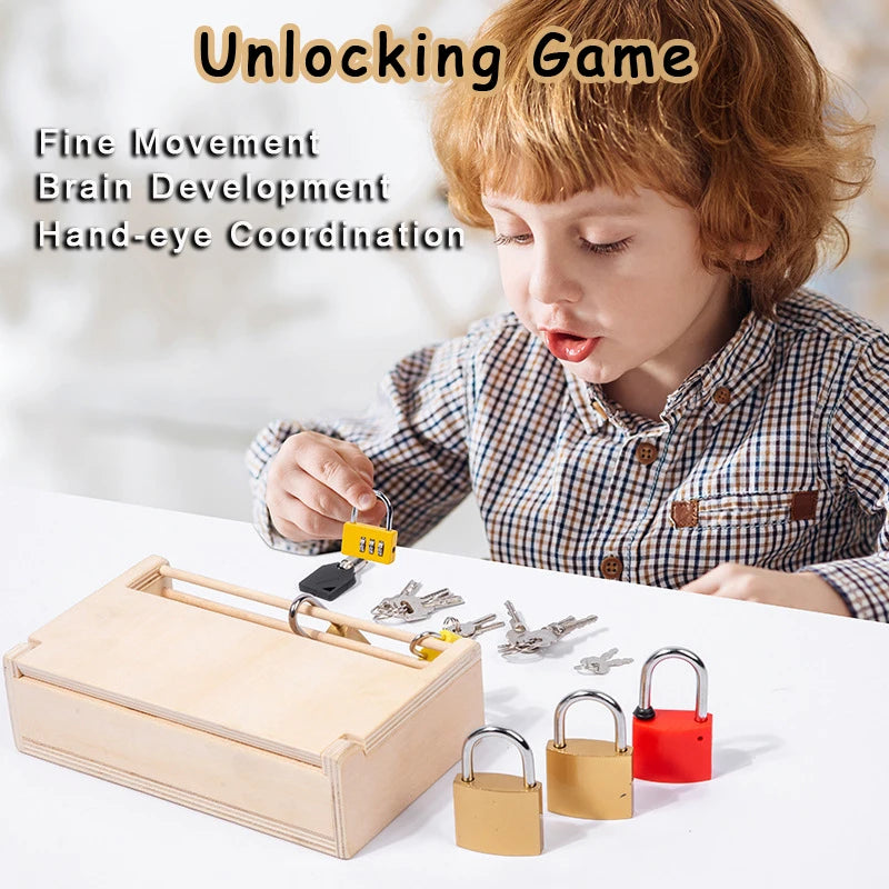 A child is using a wooden lock and key toy set for fine movement and hand-eye coordination practice.