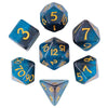 A set of premium glitter resin polyhedral dice including a d6, d8, d10, and d12.
