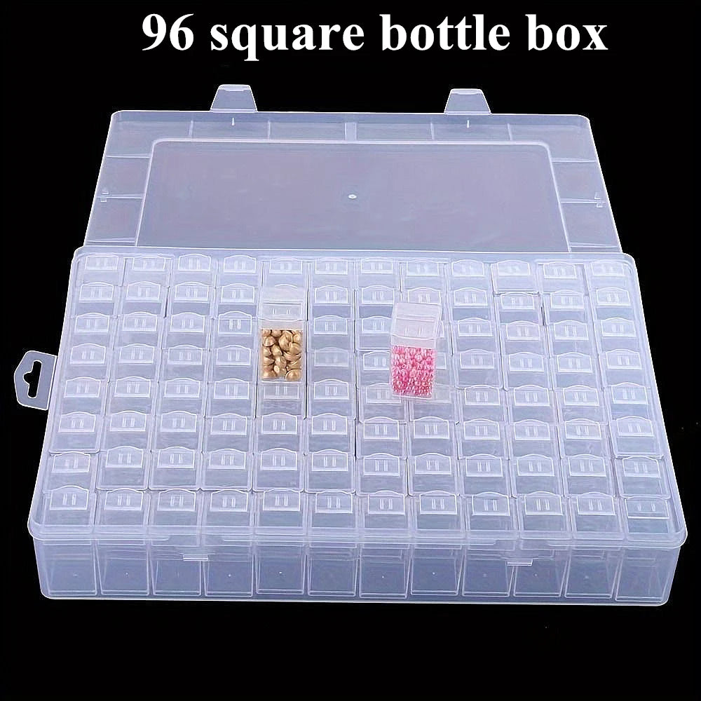 A clear plastic multi-compartment storage box with numerous small compartments for organizing beads and jewelry.