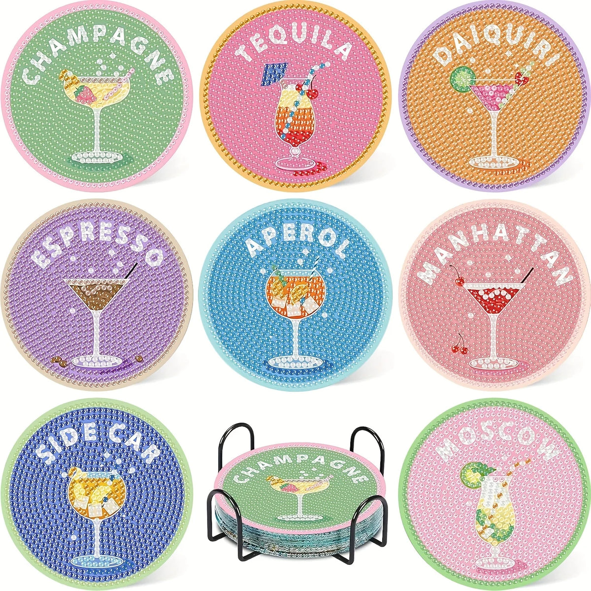 Eight diamond painting coasters featuring various alcoholic beverages like champagne tequila aperol and daiquiri