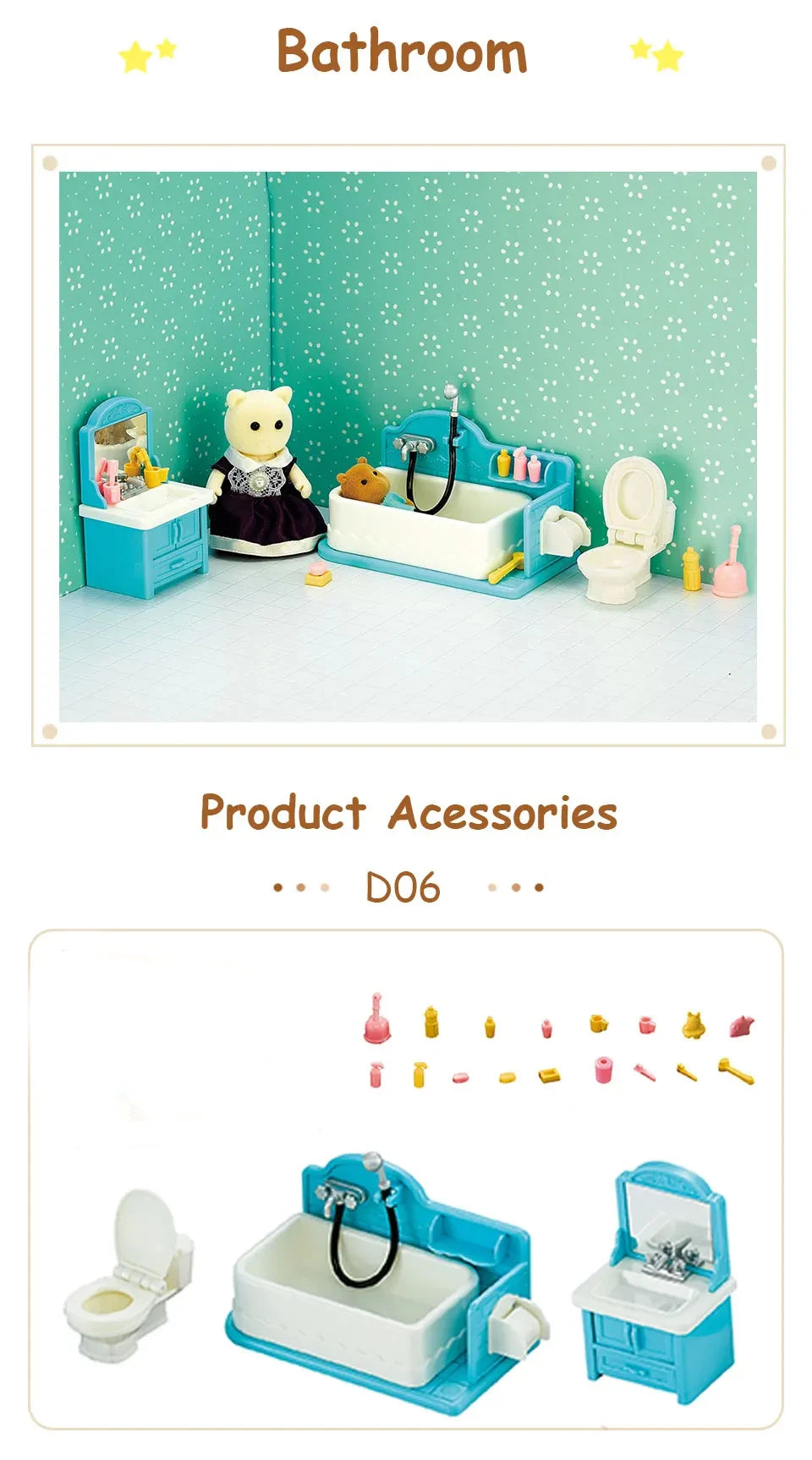A miniature dollhouse bathroom set featuring a toilet, sink, and various accessories like brushes and toiletries.