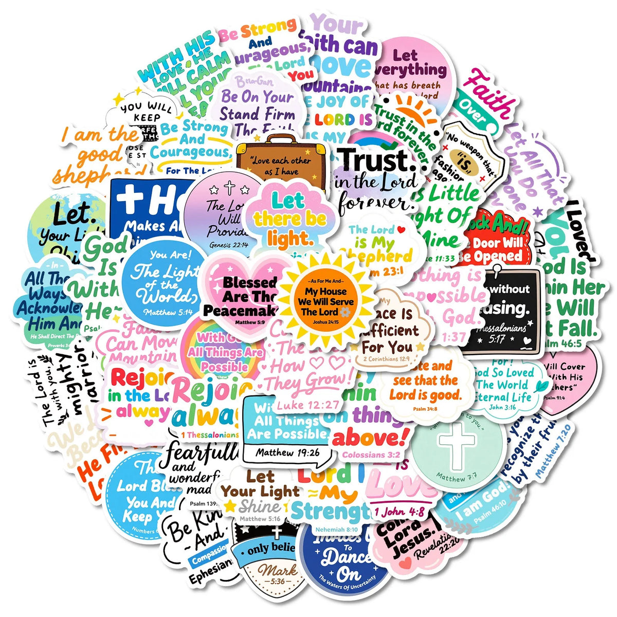 A circular arrangement of inspirational Bible verses and phrases written in various colors on a white background.