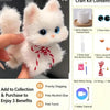 A fluffy white cat toy is shown next to various craft kit contents including felt, glue, and string.