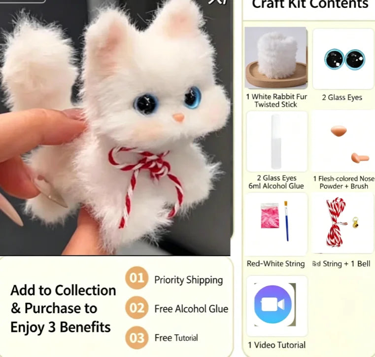 A fluffy white cat toy is shown next to various craft kit contents including felt, glue, and string.