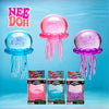 A collection of pink and blue jelly fish squish toys with tentacles displayed against a light blue background.
